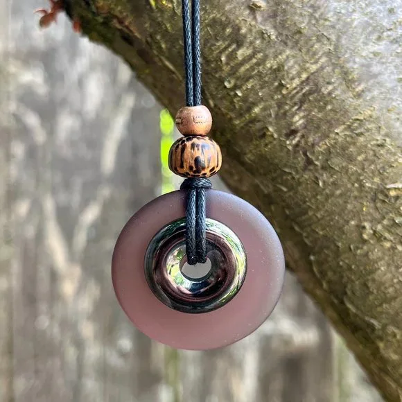 Hematite and Purple Sea Glass Pendant Handmade - Picture 3 of 6